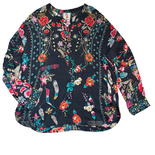 JOHNNY WAS - DESIGNER SILK EMBROIDERED FLORAL BLOUSE - SMALL